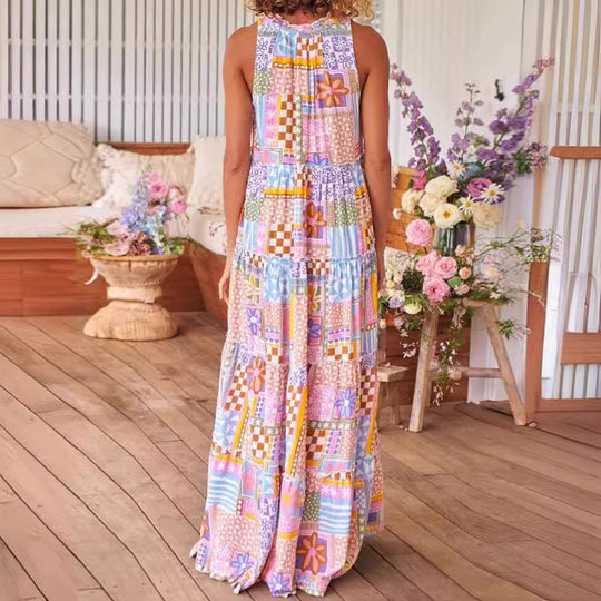 Damen Maxikleid mit buntem Patchwork-Muster und tiefem Ausschnitt EB