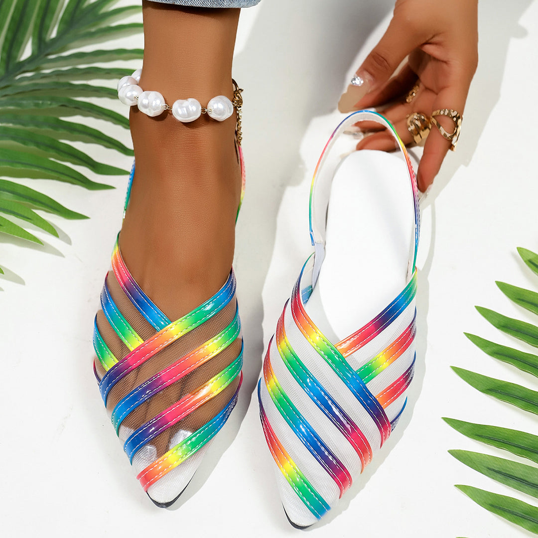 Damen  spitze Slingback-Ballerinas mit glänzenden Riemen und transparentem Mesh EB