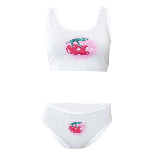 Damen Crop-Top und Unterhosen-Set mit fröhlichem Kirschmotiv EB