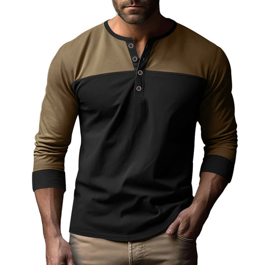 Herren nan modernes Henley-Longsleeve mit Riegelknopfleiste, zweifarbigen Kontrast-Einsatz und gerippten Bündchen EB