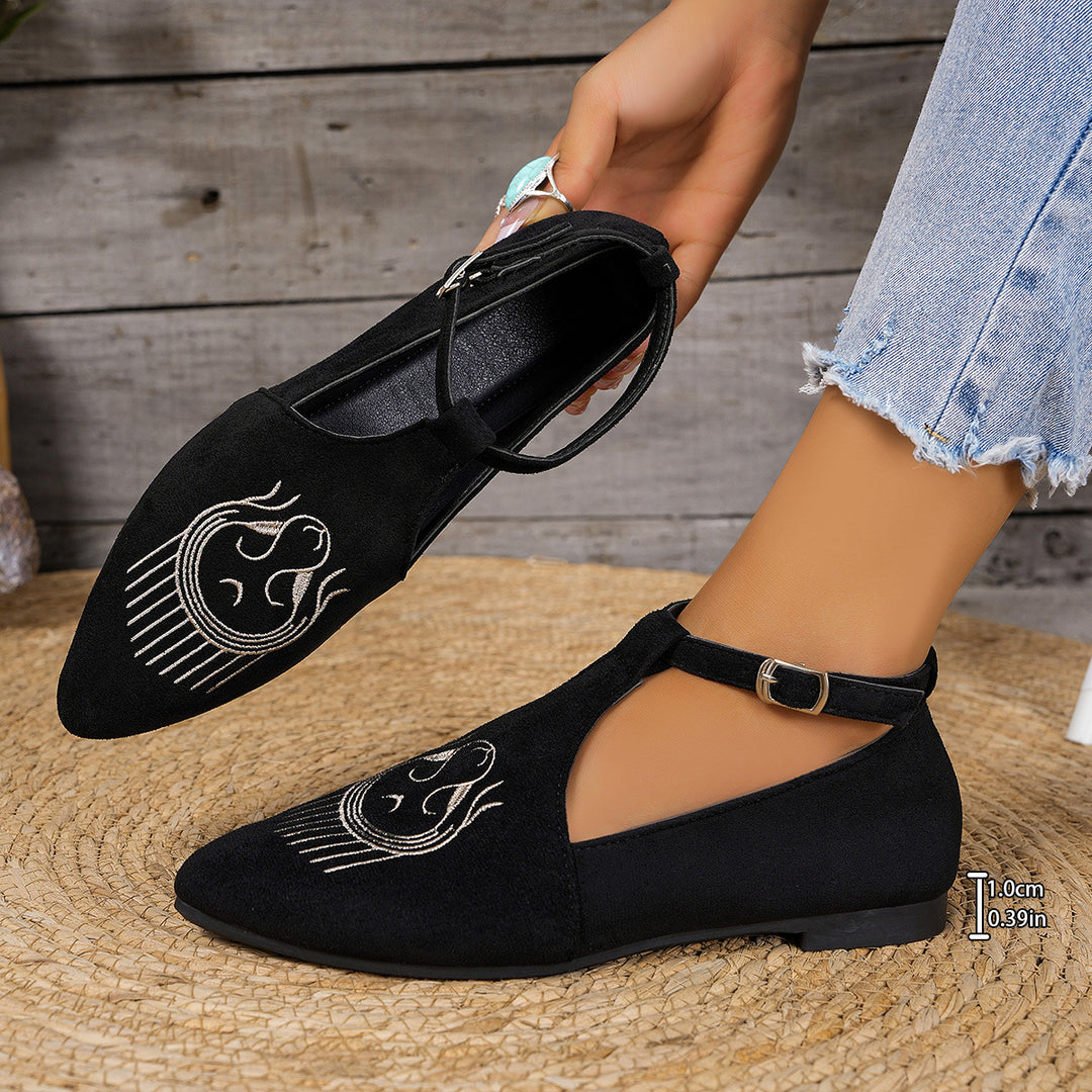 Damen Flache Slingback-Pantoletten mit eleganter Schnallen-Applikation und kunstvollen Stickereien EB