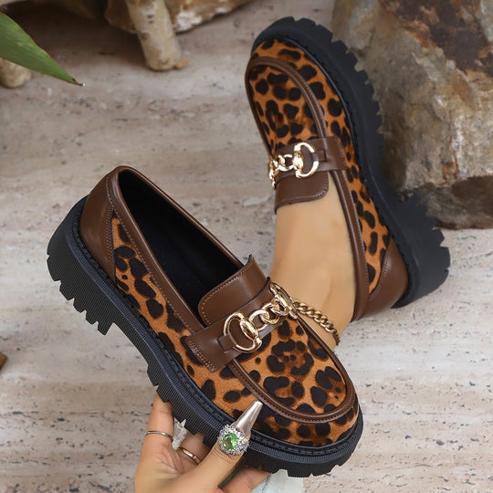 Damen Mokassins mit Leopardenmuster und Ketten-Detail EB