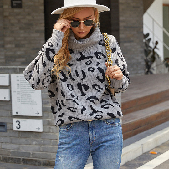 Damen gemütlicher Oversized-Pullover mit trendigem Leopardenmuster EB
