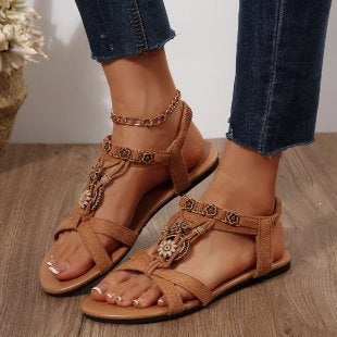 Damen Riemchen-Sandalen mit floralen Applikationen und komfortablem Fußbett EB
