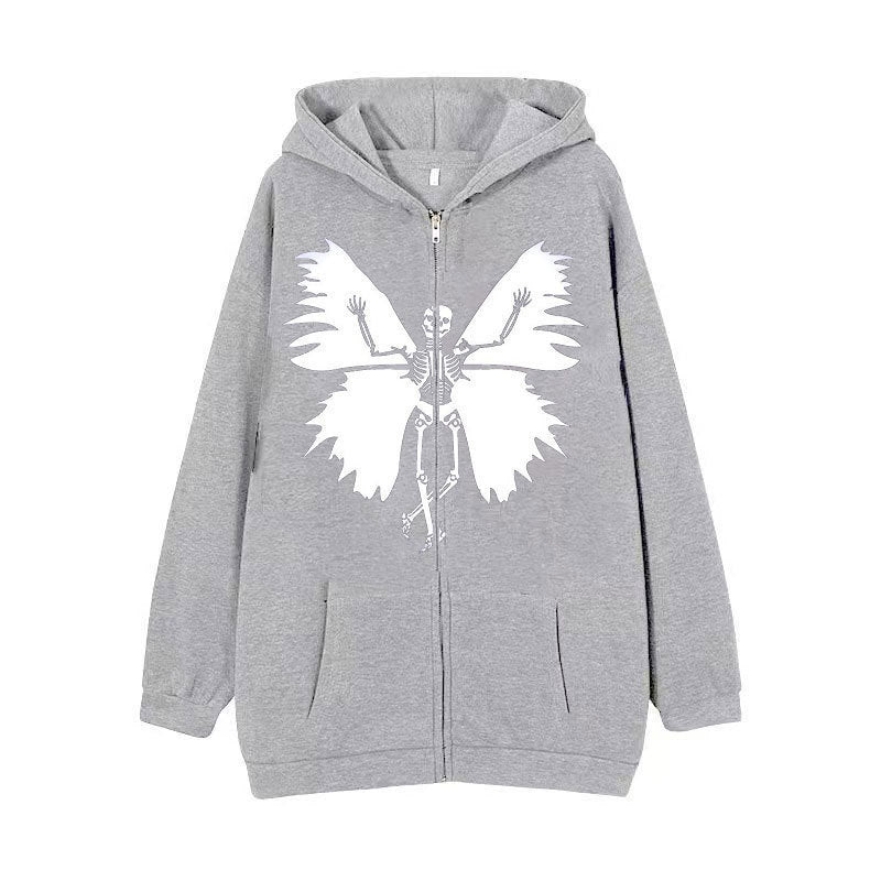Damen Zip-Hoodie mit einzigartigem Skelett- und Schmetterlingsmotiv EB