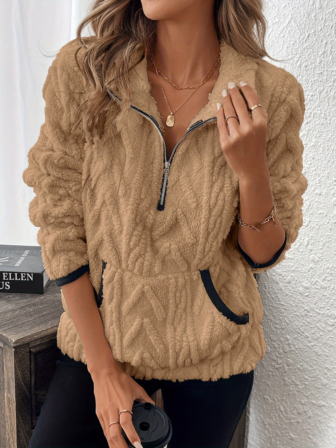 Damen kuschelige Fleece-Pullover mit Reißverschluss und seitlichen Eingrifftaschen EB