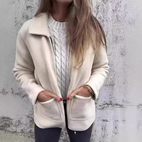 Damen modische Fleecejacke mit praktischen Taschen und elegantem Kragen EB