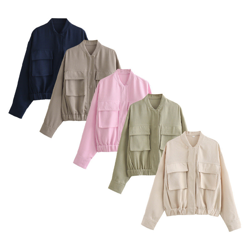 Damen elegante Utility-Jacke mit großen Taschen und elastischem Saum EB