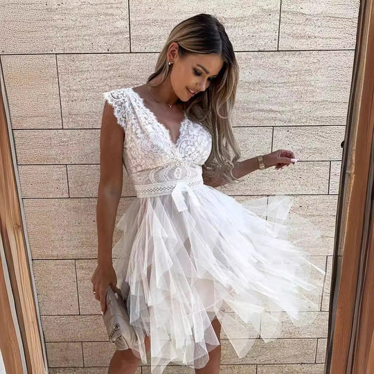 EB | Süß Elegante Einfarbige Mesh V-Ausschnitt Ungleichmäßiges Kleid Kleider- 3 Farben
