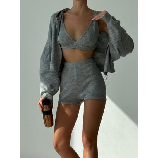 Damen nan kurzes geripptes Lounge-Set mit Kapuzen-Zipjacke und Highwaist-Shorts EB