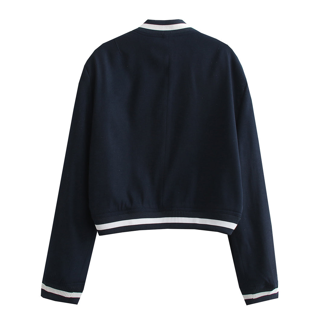 Damen Kurz geschnittene Collegejacke mit Rippbündchen und Druckknöpfen EB