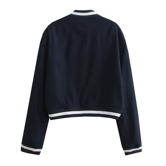 Damen Kurz geschnittene Collegejacke mit Rippbündchen und Druckknöpfen EB