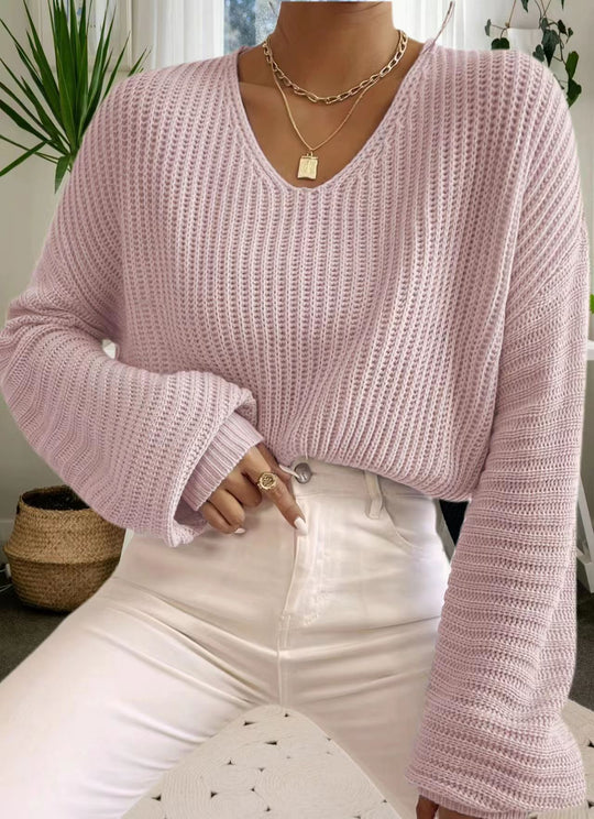Damen lässiger Sweater mit weitem V-Ausschnitt und langen Ärmeln EB