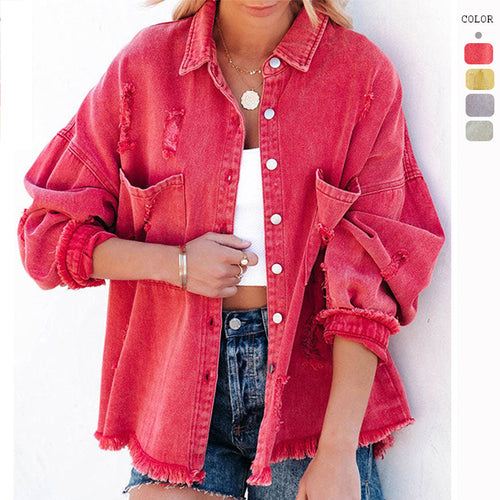 Damen Oversized Jeansjacke im lässigen Vintage-Stil mit fransigen Details EB