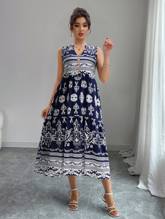 Damen Midi-Kleid mit Knopfleiste und traumhaftem Muster EB