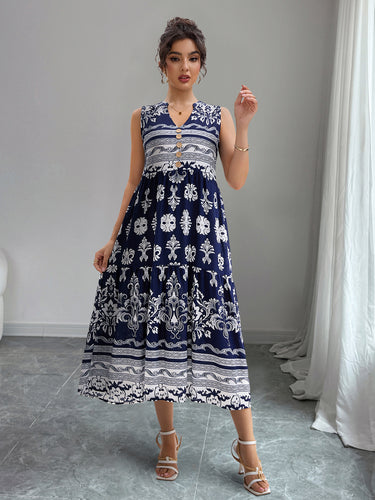 Damen Midi-Kleid mit Knopfleiste und traumhaftem Muster EB