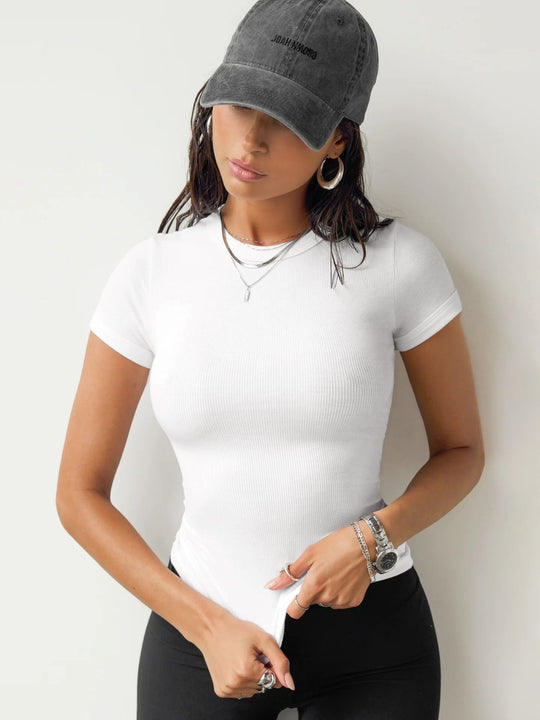 Damen figurbetontes Rippenshirt mit kurzen Ärmeln und Rundhalsausschnitt EB