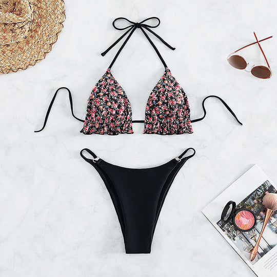 Damen Triangel-Bikini mit Rüschendetails und floralem Design EB