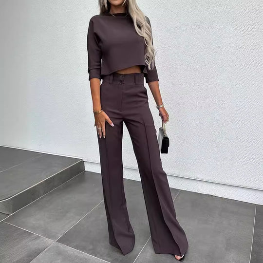 Damen stylisches Crop-Top mit eleganten High-Waist-Hosen EB