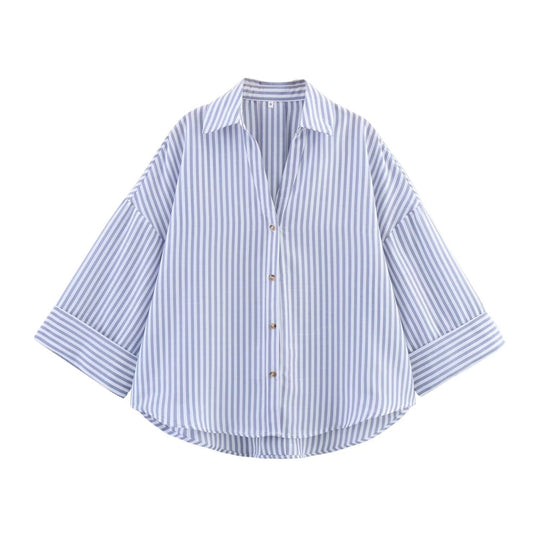 Damen nan oversized Streifen-Hemdbluse mit überschnittener Schulter, 3/4-Ärmel und verlängertem Rückensaum EB