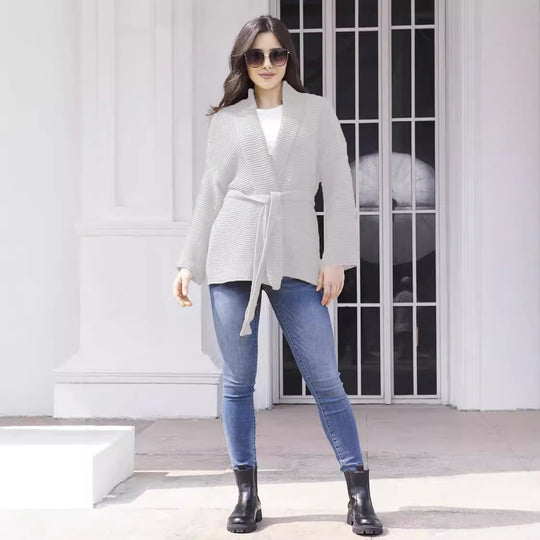 Damen Grobstrick-Cardigan mit Gürtel und weitem Schnitt EB