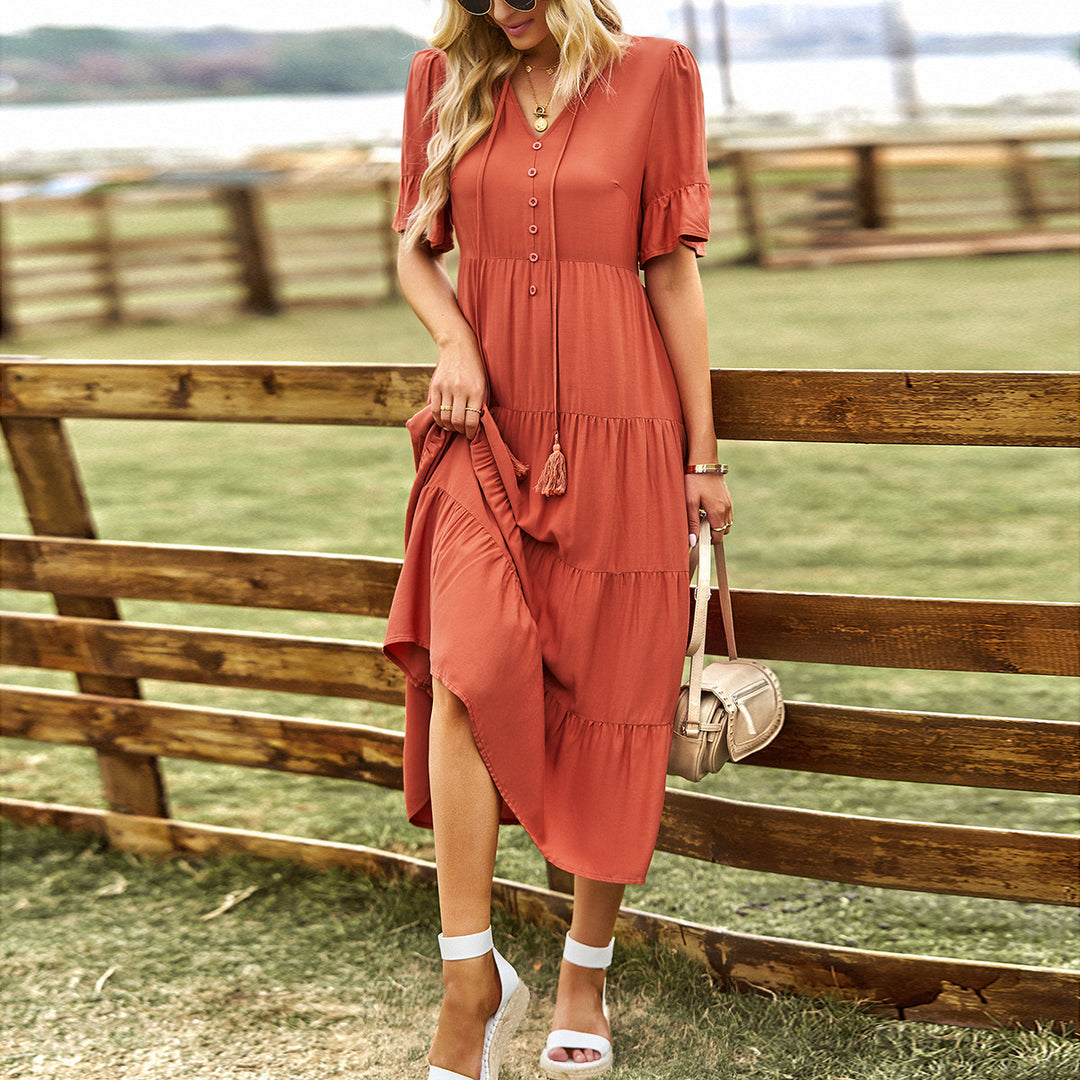 Damen Midikleid mit fransigen Akzenten und Button-Down-Verschluss EB