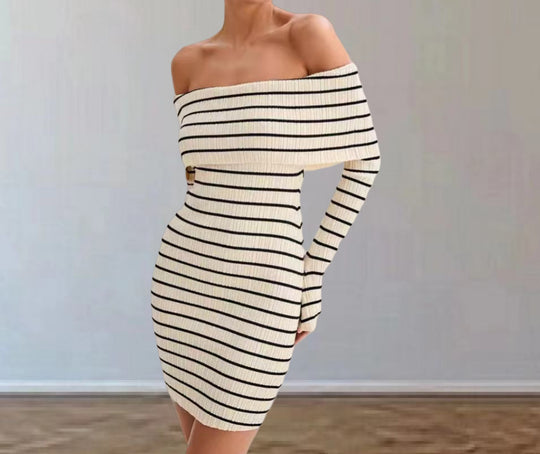 Damen Off-Shoulder Strickkleid mit langen Ärmeln und Streifenmuster EB