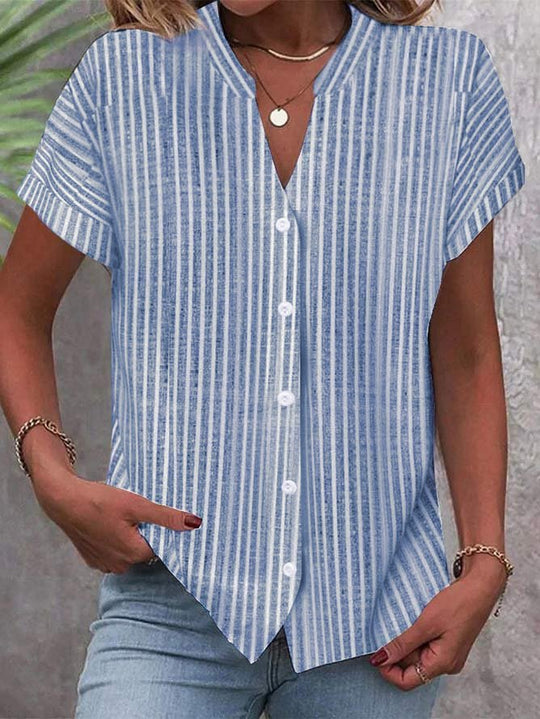 Damen Kurzarm-Bluse mit V-Ausschnitt und Streifenmuster EB
