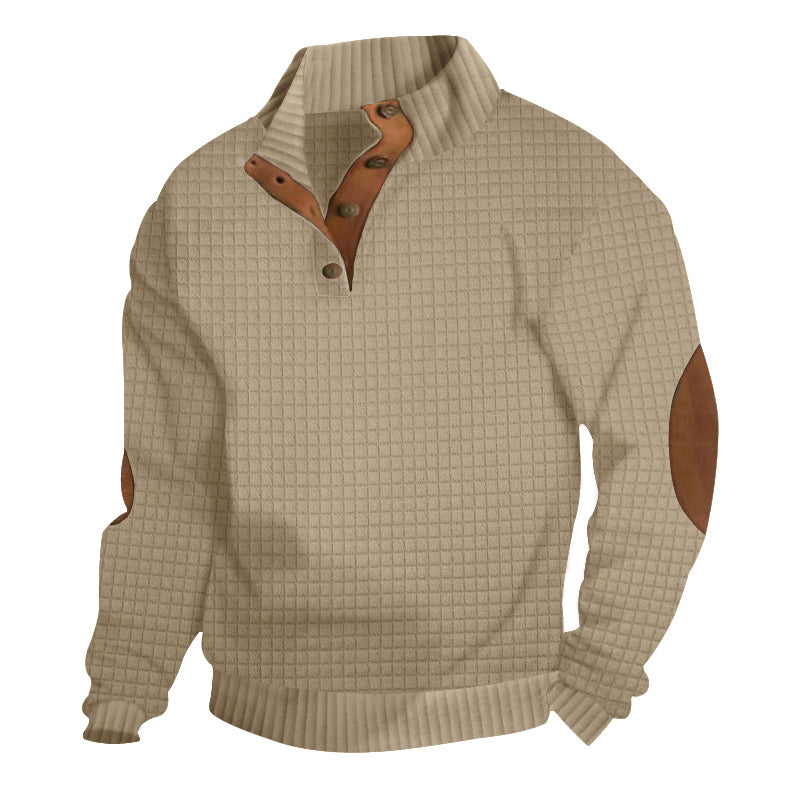 Herren Strukturiertes Waffelstrick-Henleypullover mit Lederbesatz & Ellbogenpatches EB