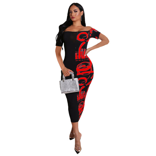 Damen Elegantes Off-Shoulder-Midikleid mit grafischem Druck und taillierter Silhouette EB