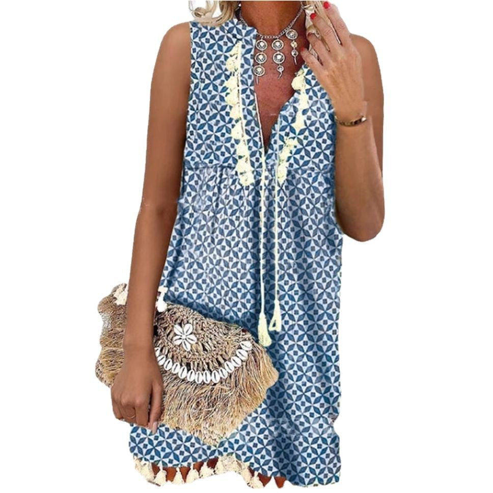 Damen luftiges Strandkleid mit dekorativen Fransen und floralem Muster EB