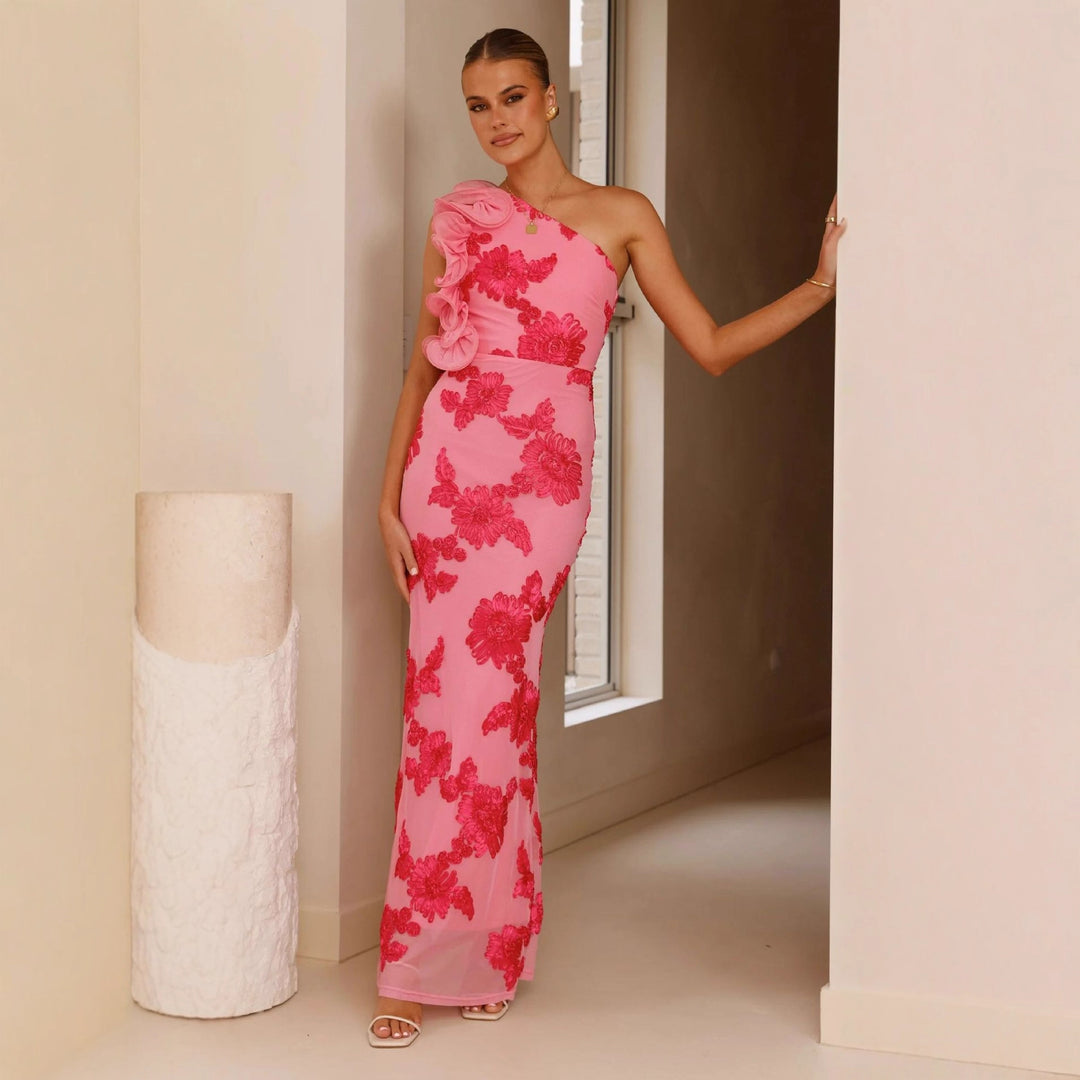 Damen Elegantes und figurbetontes Maxikleid mit asymmetrischem Träger und floralen Applikationen EB
