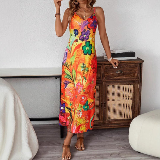 Damen Maxikleid mit buntem Blumenmuster und Spaghettiträgern EB