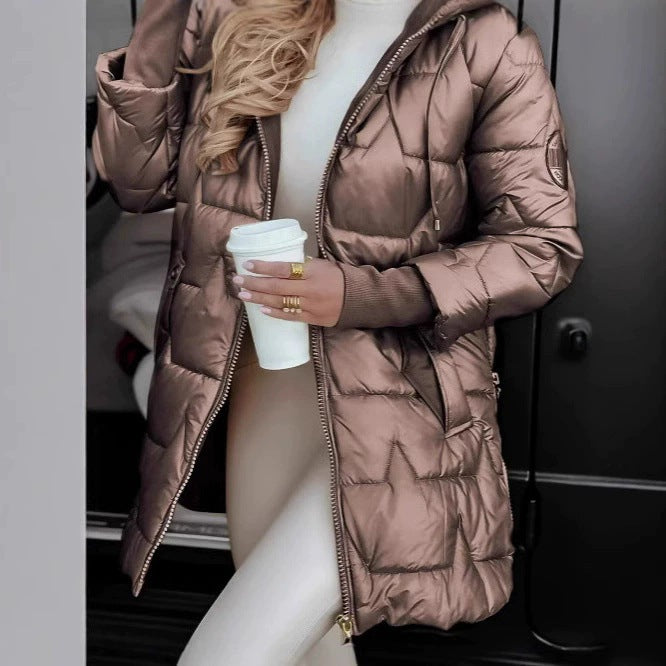 Damen lange, gefütterte Winterjacke mit Kapuze EB