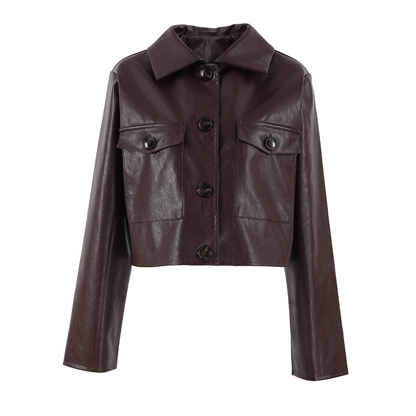 Damen Modische Kunstlederjacke mit cropped Schnitt und funktionellen Taschen EB