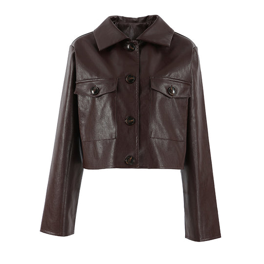 Damen Modische Kunstlederjacke mit cropped Schnitt und funktionellen Taschen EB