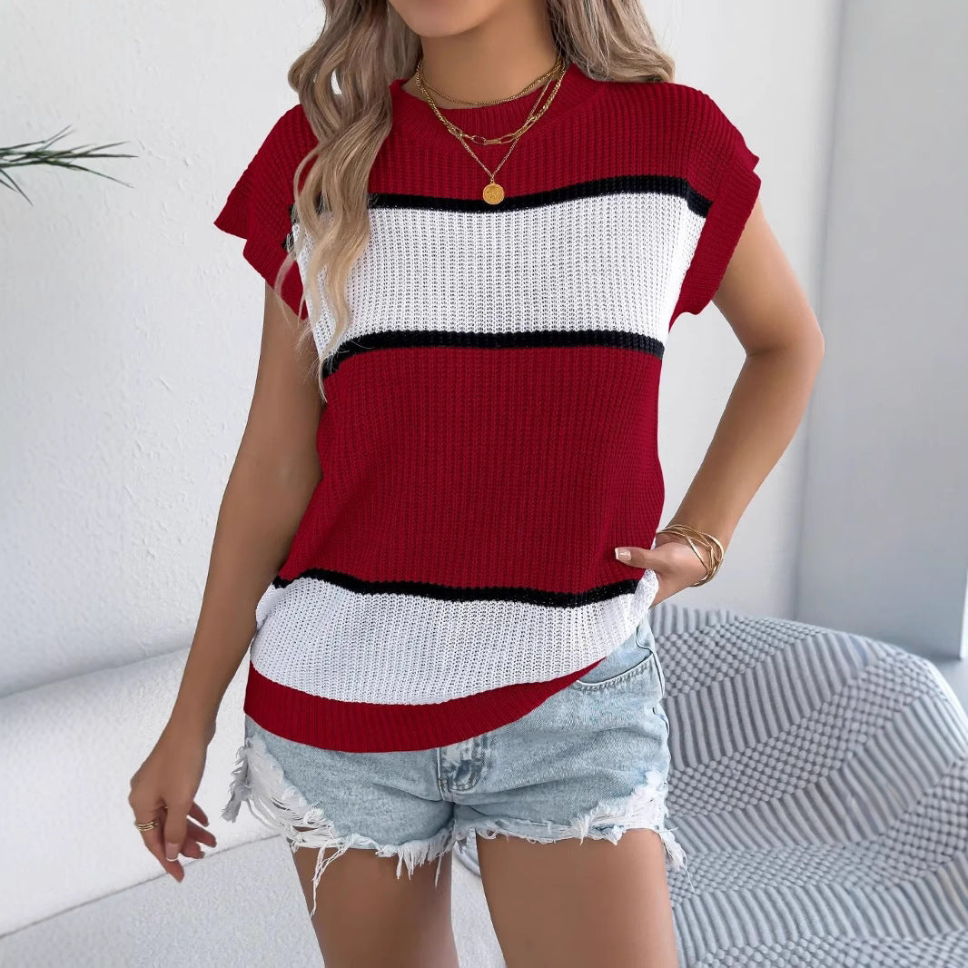 Damen Kurzarm Strickoberteil mit modernen Streifen EB