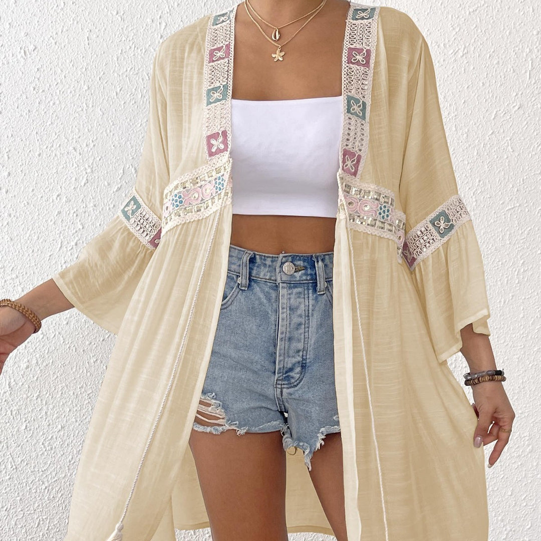 Damen luftiger Strandkimono mit floralen Stickereien EB