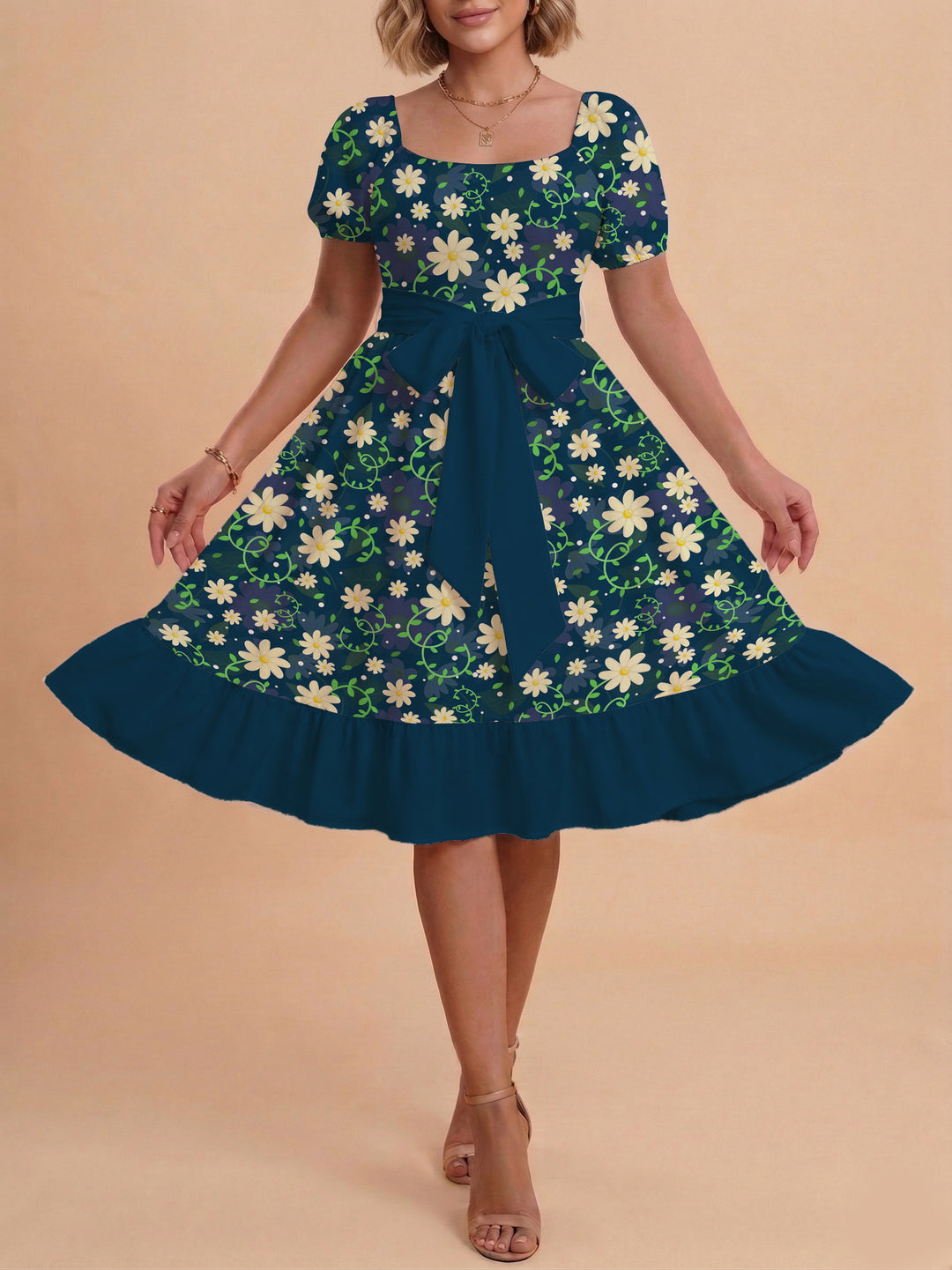 Damen Blumenkleid mit taillierbarem Gürtel und voluminösen Ärmeln EB
