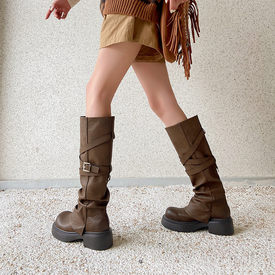 Damen modische Overknee-Stiefel mit stylischem Riemen-Design EB