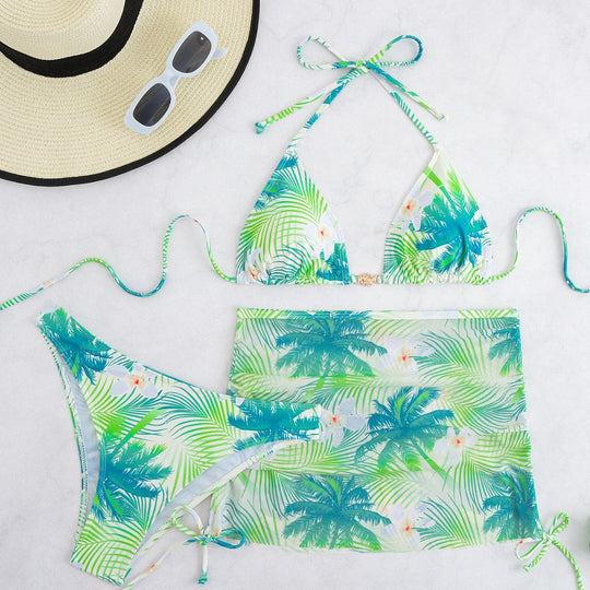 Damen Bikini-Set mit elegantem Wickelrock und tropischem Design EB