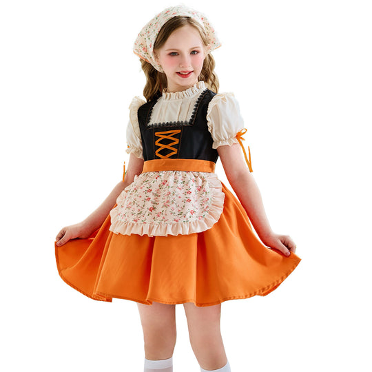 Damen nan traditionelles Kinderdirndl mit Schnürung, Rüschenschürze und Kopftuch EB