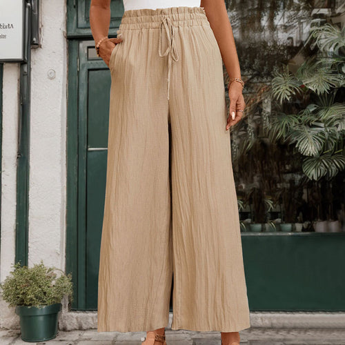 Damen Weite Baumwollhose mit elastischem Bund und Bindegürtel EB