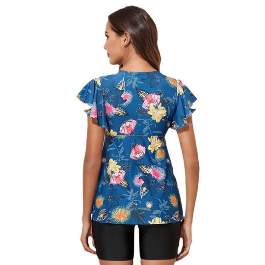 Damen Badeoberteil mit floralem Design und voluminösen Rüschendetails EB