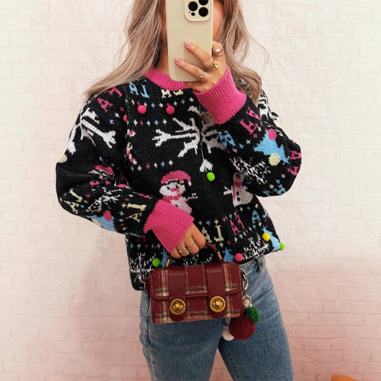 Damen festlicher Pullover mit farbenfrohen Weihnachtsmotiven und verspielten Details EB