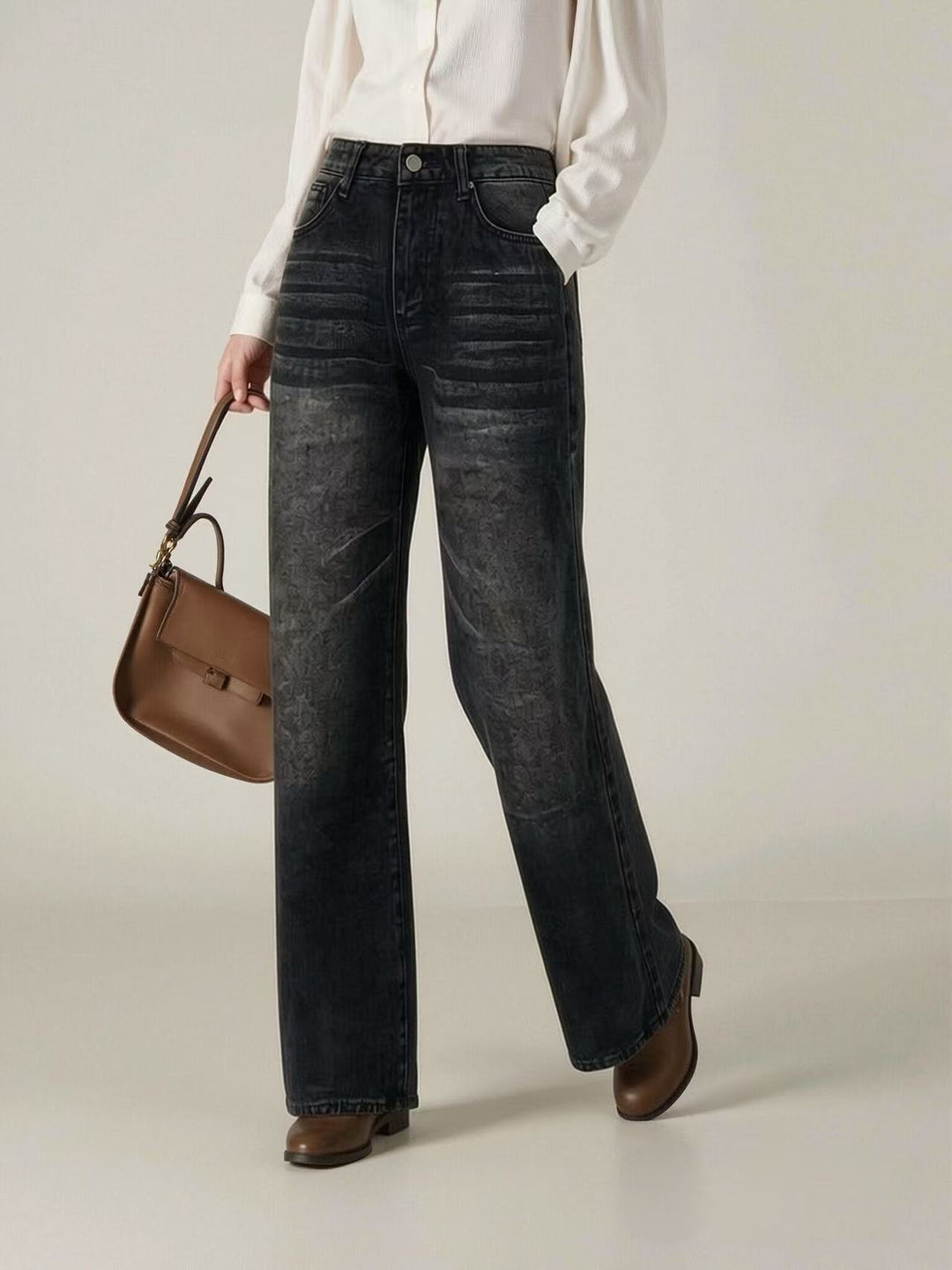 Damen weite High-Waist Jeans mit einzigartiger Textur EB