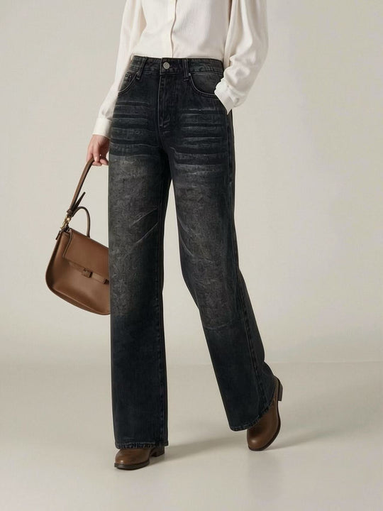 Damen weite High-Waist Jeans mit einzigartiger Textur EB