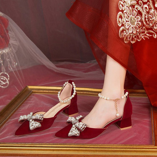 Damen elegante Pumps mit funkelndem Schleifen-Design und Perlenakzenten EB
