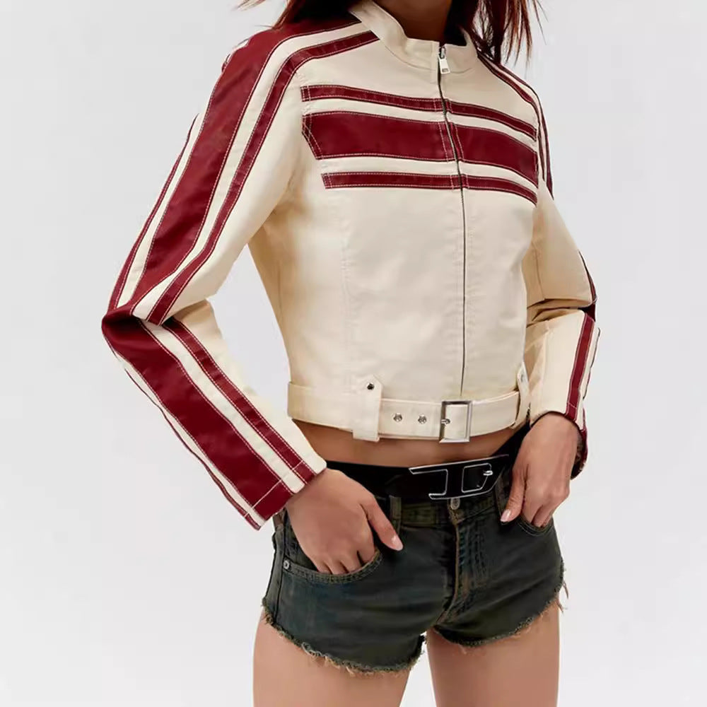Damen kunstlederne Bikerjacke mit dezenten Kontraststreifen EB