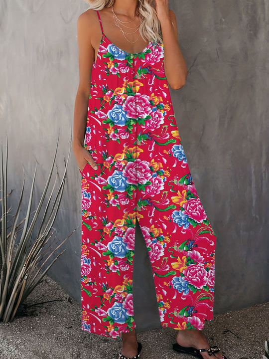 Damen Luftiger Jumpsuit mit floralem Design und verstellbaren Trägern EB
